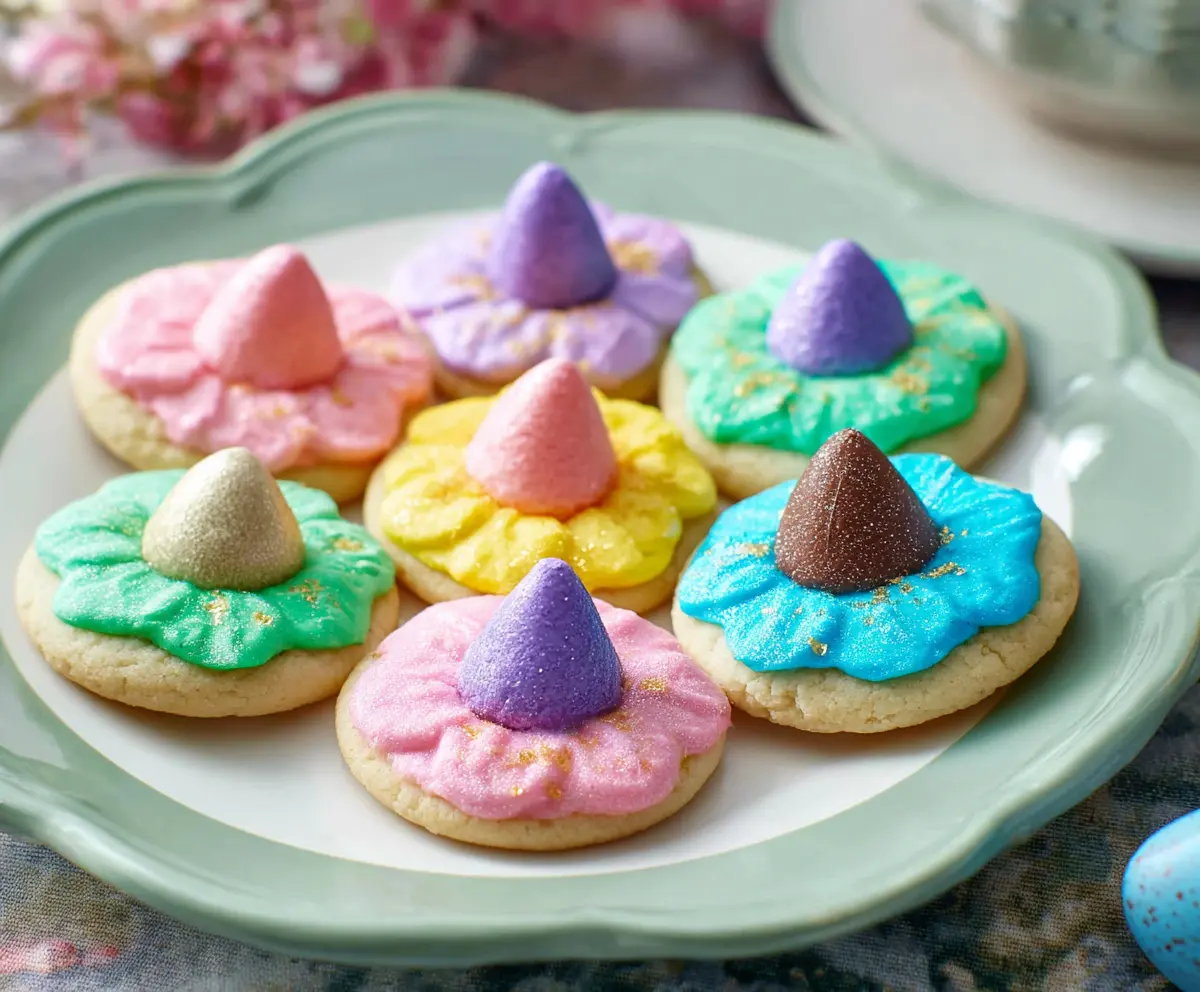 Decorative Easter Blossom Cookies with colorful icing and sugar flowers on a festive platter