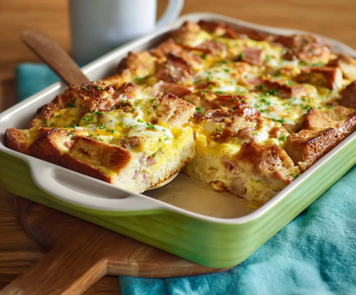 Delicious Easter Breakfast Casserole with eggs, cheese, and vegetables ready to serve.