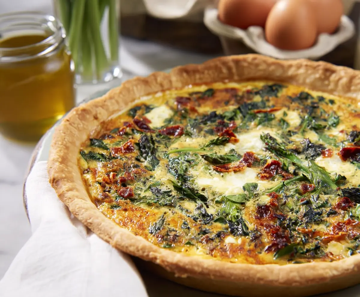 Delicious Easter brunch quiche with fresh vegetables and flaky crust, perfect for celebrating spring holidays.