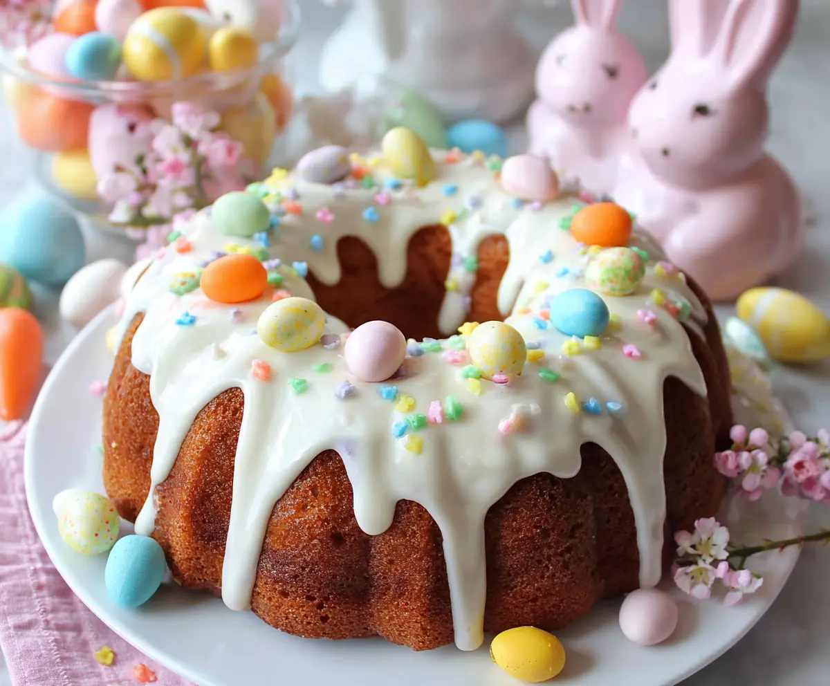 Delicious Easter Bundt Cake decorated with colorful icing and sprinkles for spring celebration