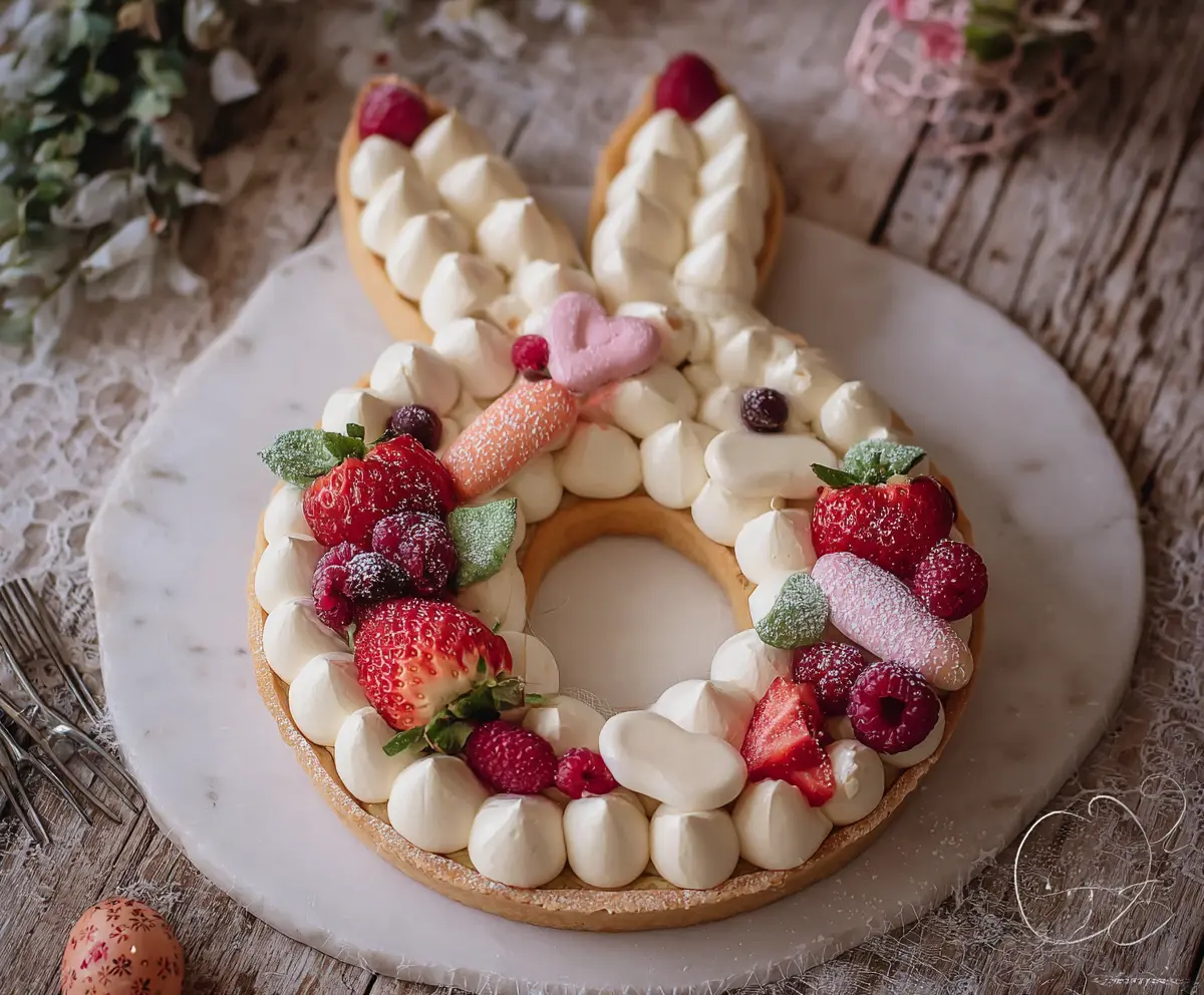 Delicious Easter Bunny Cream Tart with colorful decoration and creamy filling.