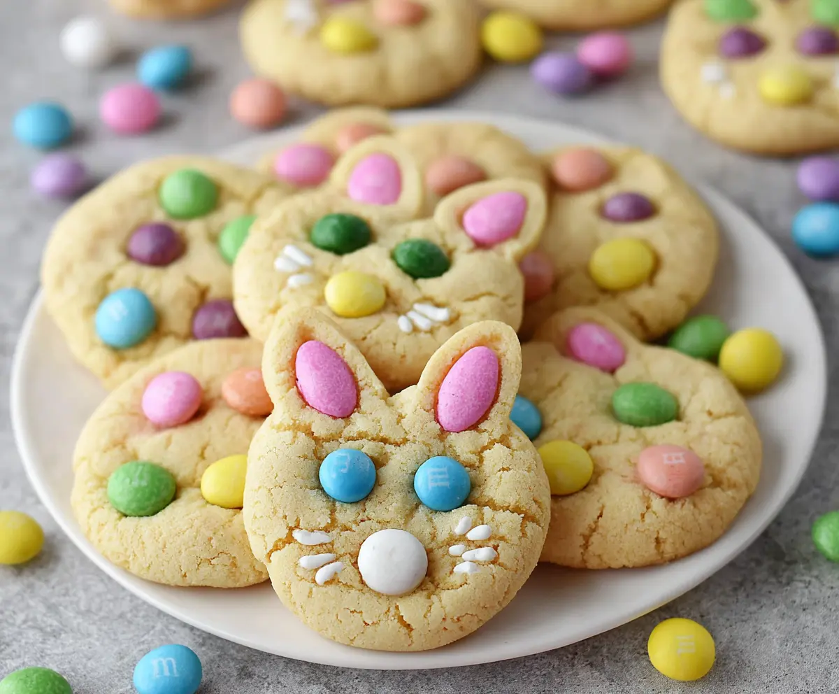 Delicious Easter Bunny M&M's Cookies decorated with colorful candy for Easter celebration.
