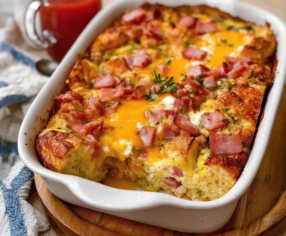 Delicious Easter Cheesy Ham and Egg Casserole served in a baking dish with melted cheese and fresh herbs
