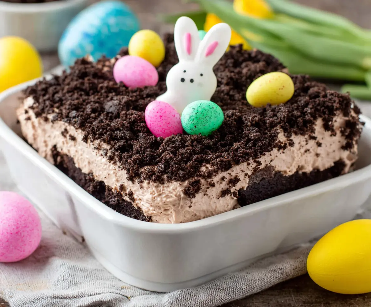 Delicious Easter Dirt Cake layered with chocolate cookies, cream cheese, and colorful Easter candies.