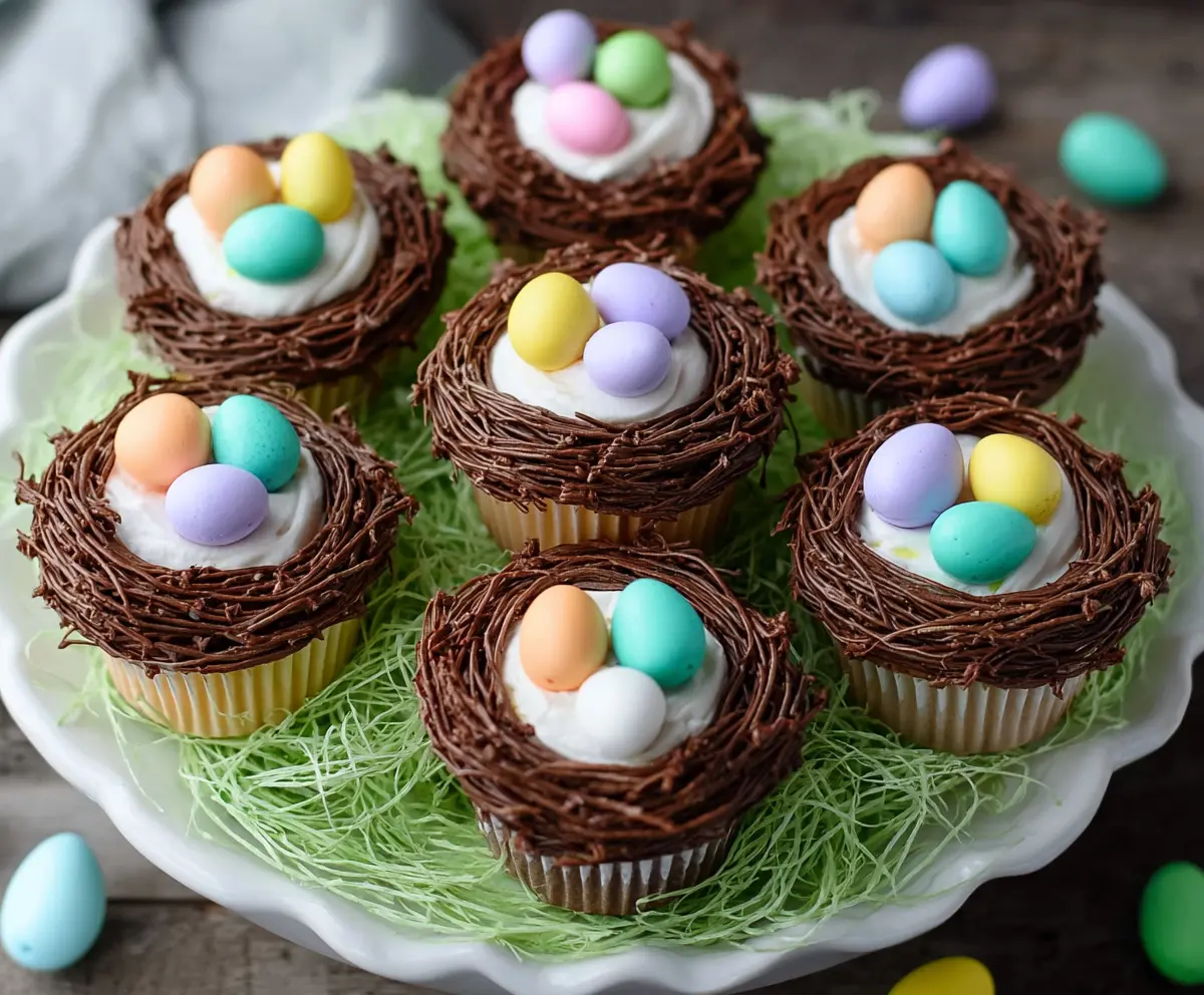 Delicious Easter Egg Nest Cupcakes decorated with colorful candies and chocolate shavings for a festive celebration.