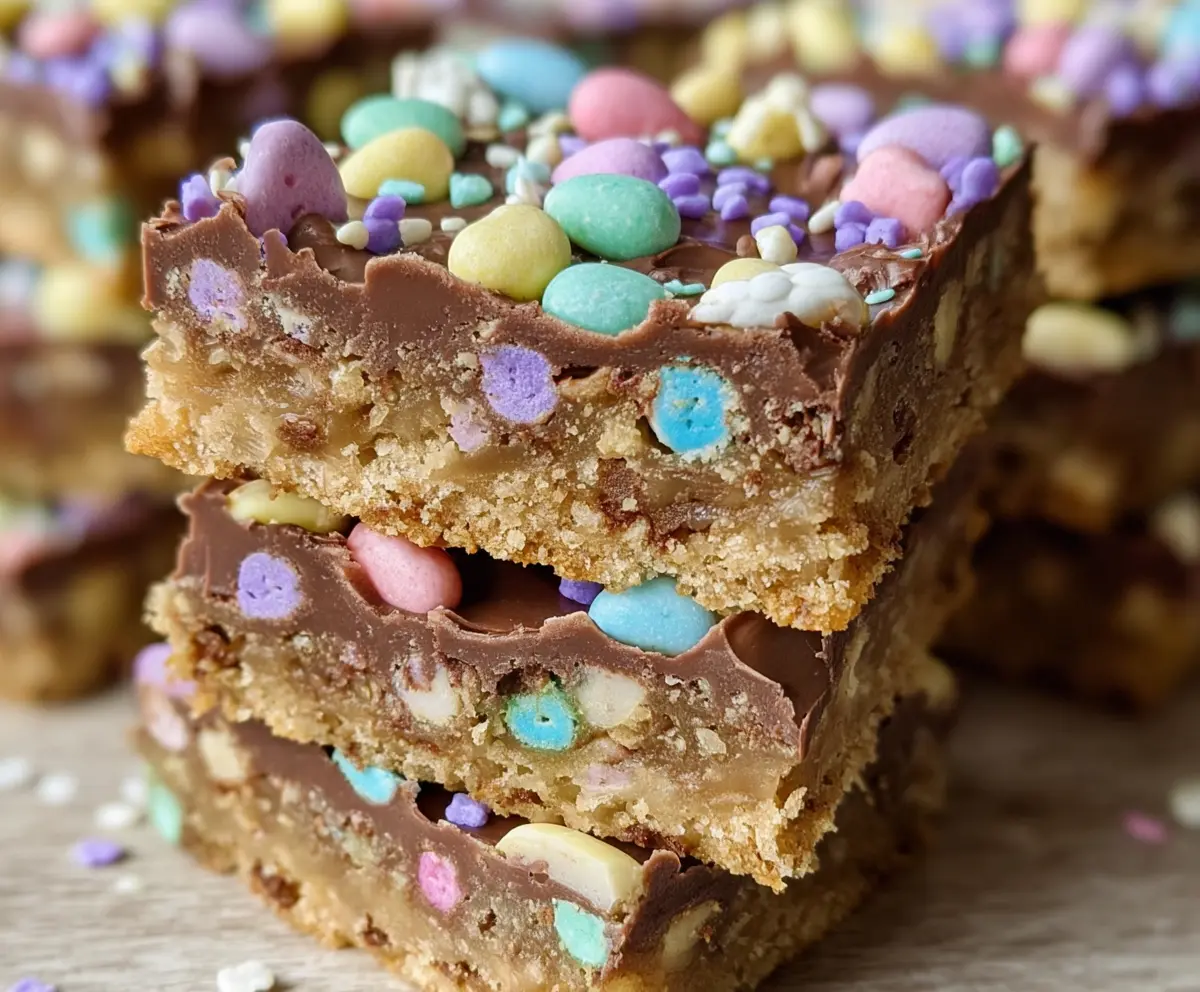 Delicious Easter Goody Bars with colorful toppings on a festive plate.