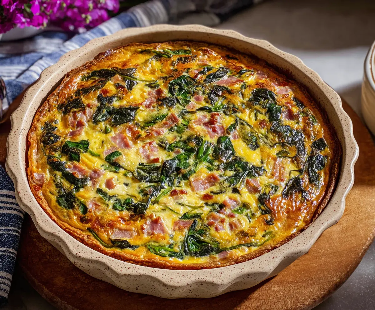 Delicious Easter ham and spinach quiche served on a plate for a festive breakfast or brunch.