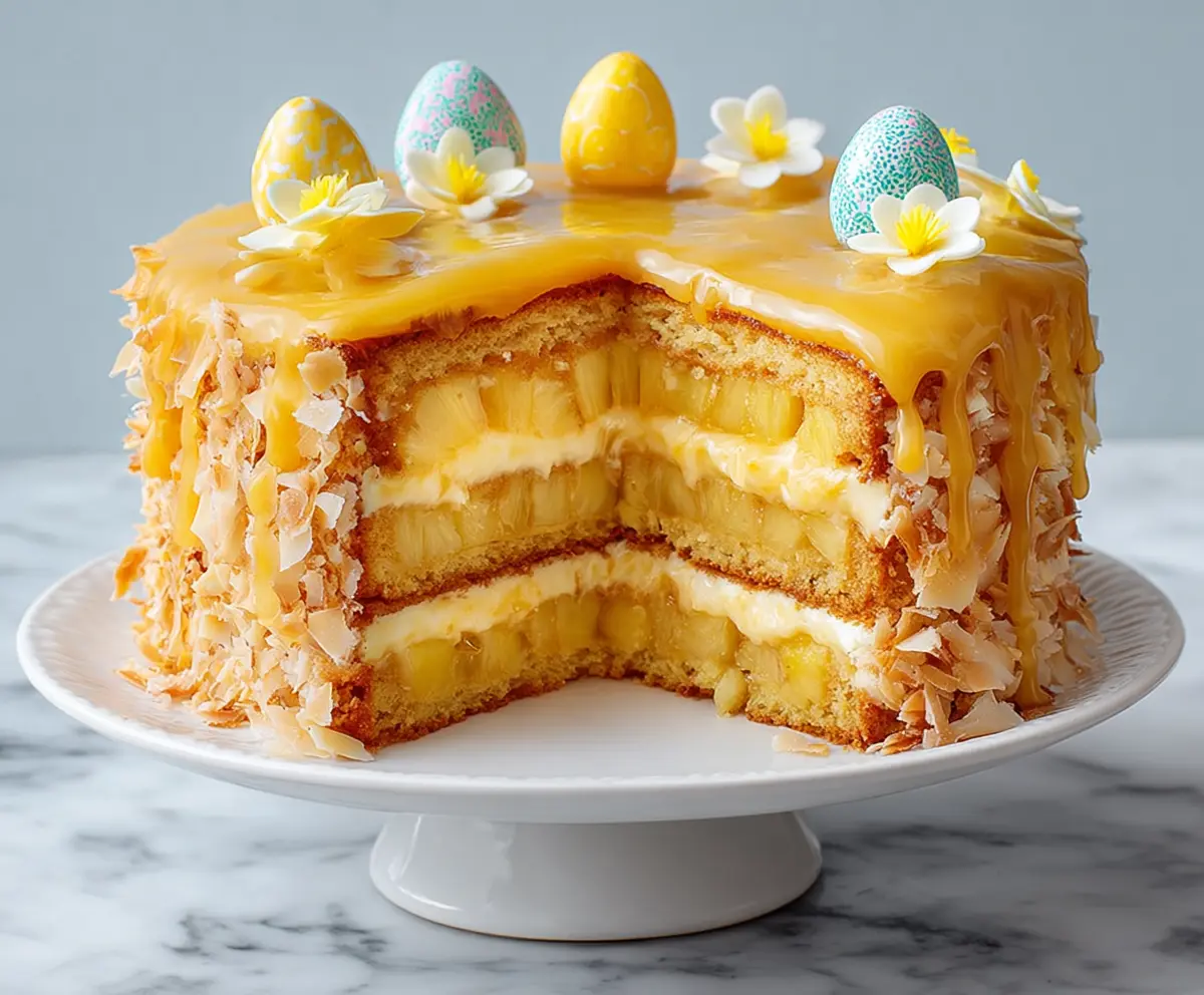 Delicious Easter Pineapple Heaven Cake topped with whipped cream and pineapple slices, perfect for holiday celebrations.