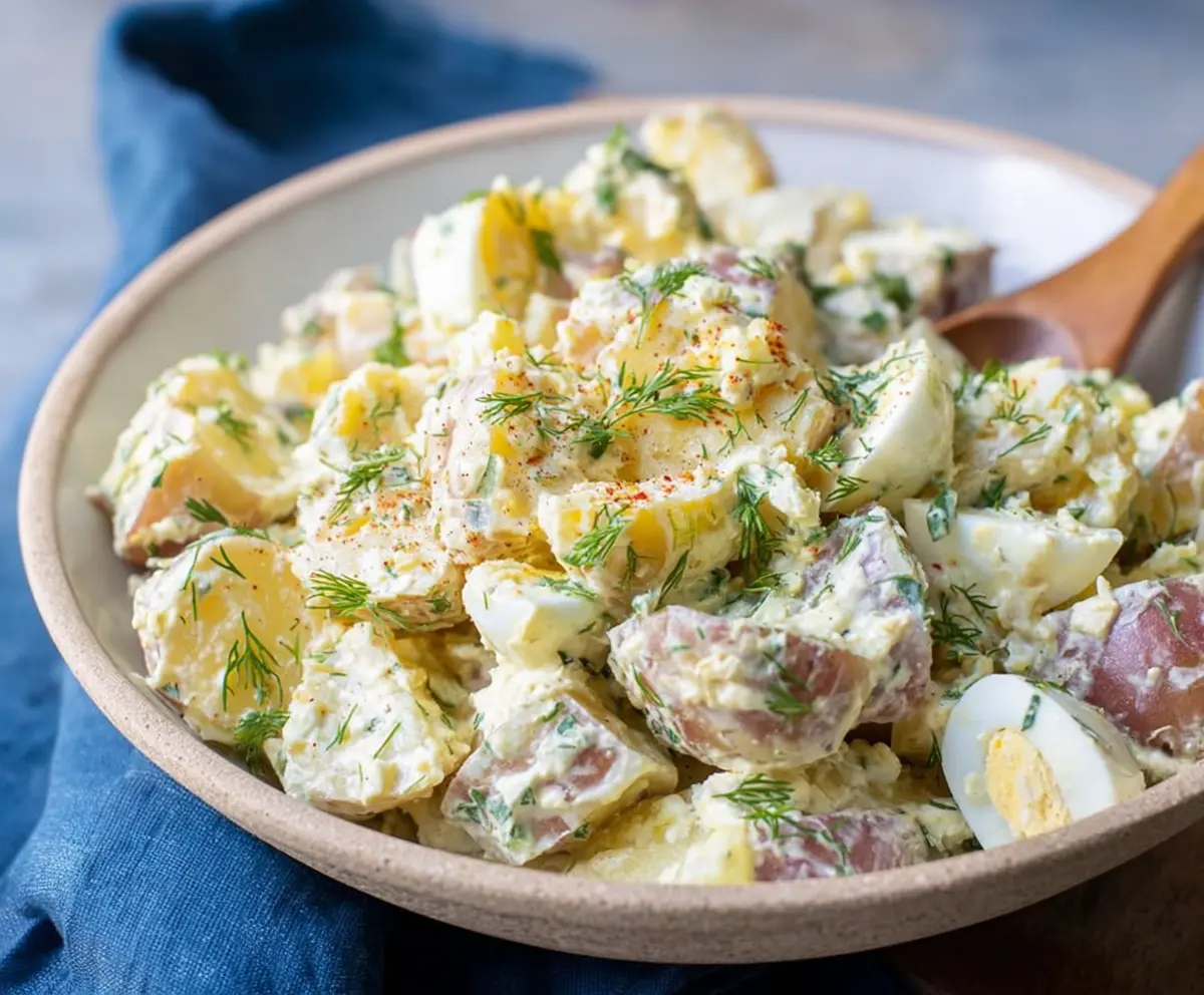 Bursting with fresh ingredients, Easter Potato Salad with colorful vegetables and herbs.