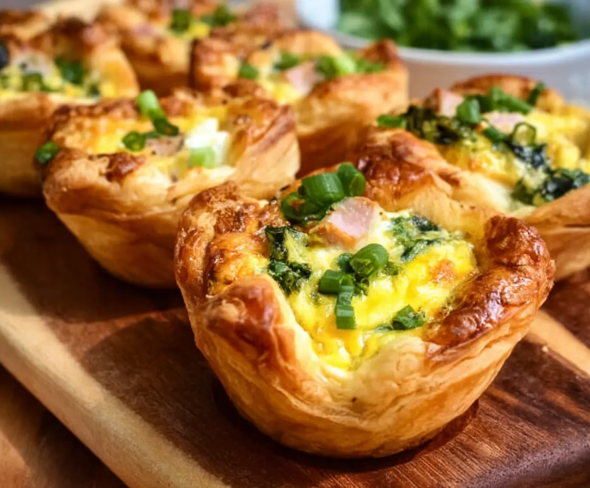 Easter Puff Pastry Quiche Cups with colorful vegetables and melted cheese on a festive plate