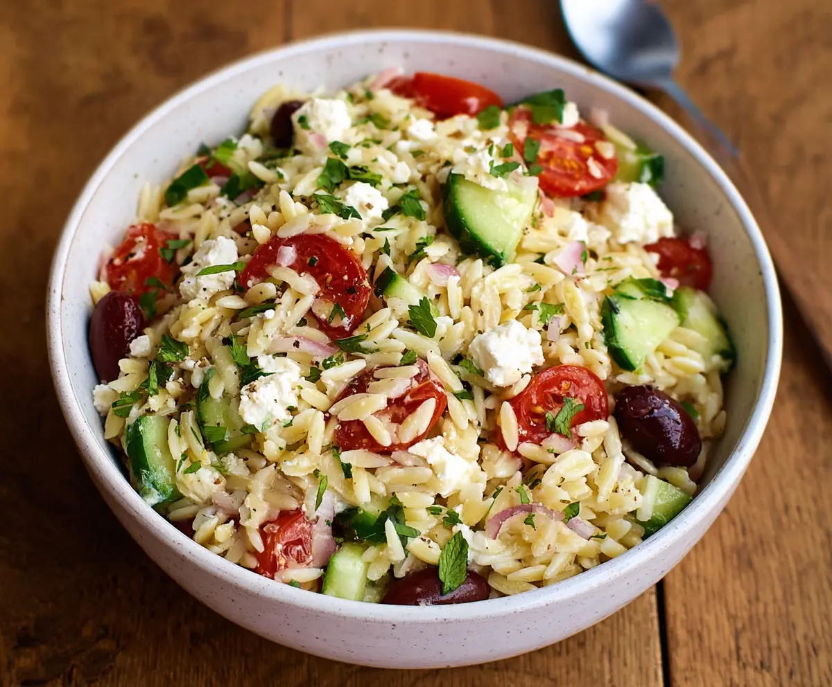 Fresh feta cheese and colorful vegetables in a delicious feta orzo salad