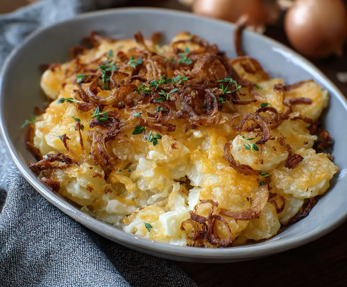 Delicious French Onion Funeral Potatoes, a savory casserole topped with melted cheese and crispy onions.