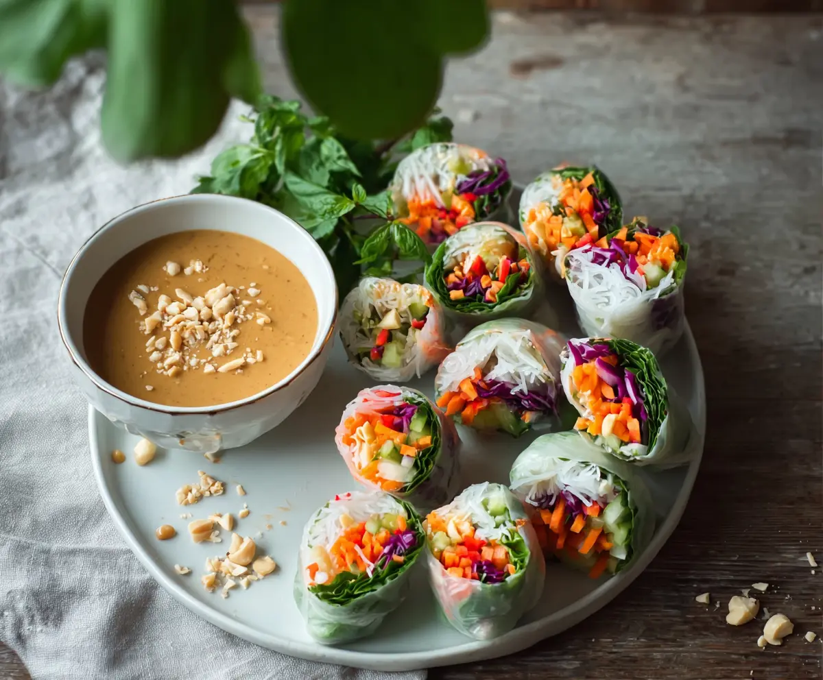 Colorful fresh spring rolls filled with vegetables and herbs served with creamy peanut sauce.
