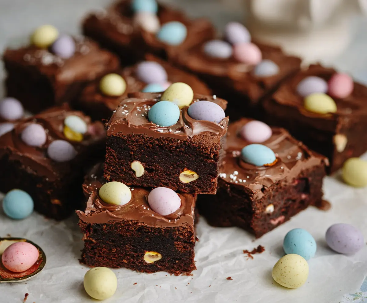 Frosted Mini Egg Easter Brownies with colorful mini eggs and creamy frosting