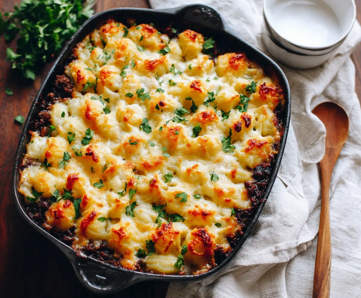 Delicious homemade Gnocchi Shepherd's Pie with melted cheese and savory meat filling