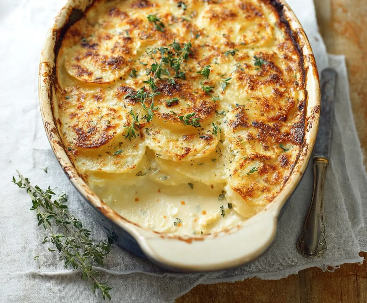 Creamy Gordon Ramsay Potato Gratin with golden-brown crust served in a rustic dish.