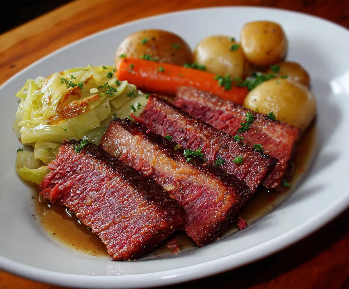 Delicious Guinness braised corned beef served with cabbage and potatoes, perfect for a hearty Irish dinner.