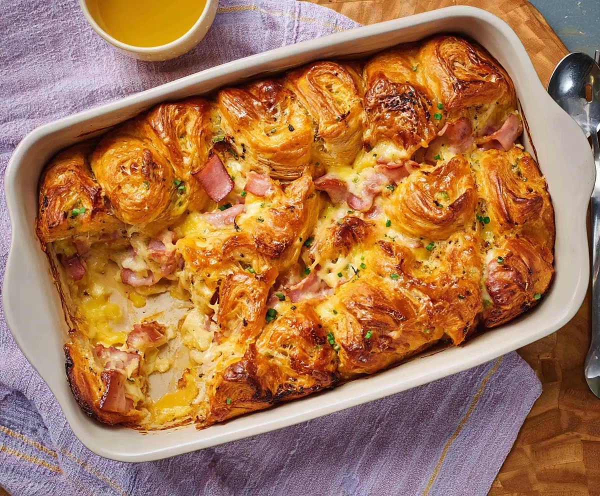 Delicious Ham and Cheese Croissant Brunch Bake served hot with melted cheese and savory ham.
