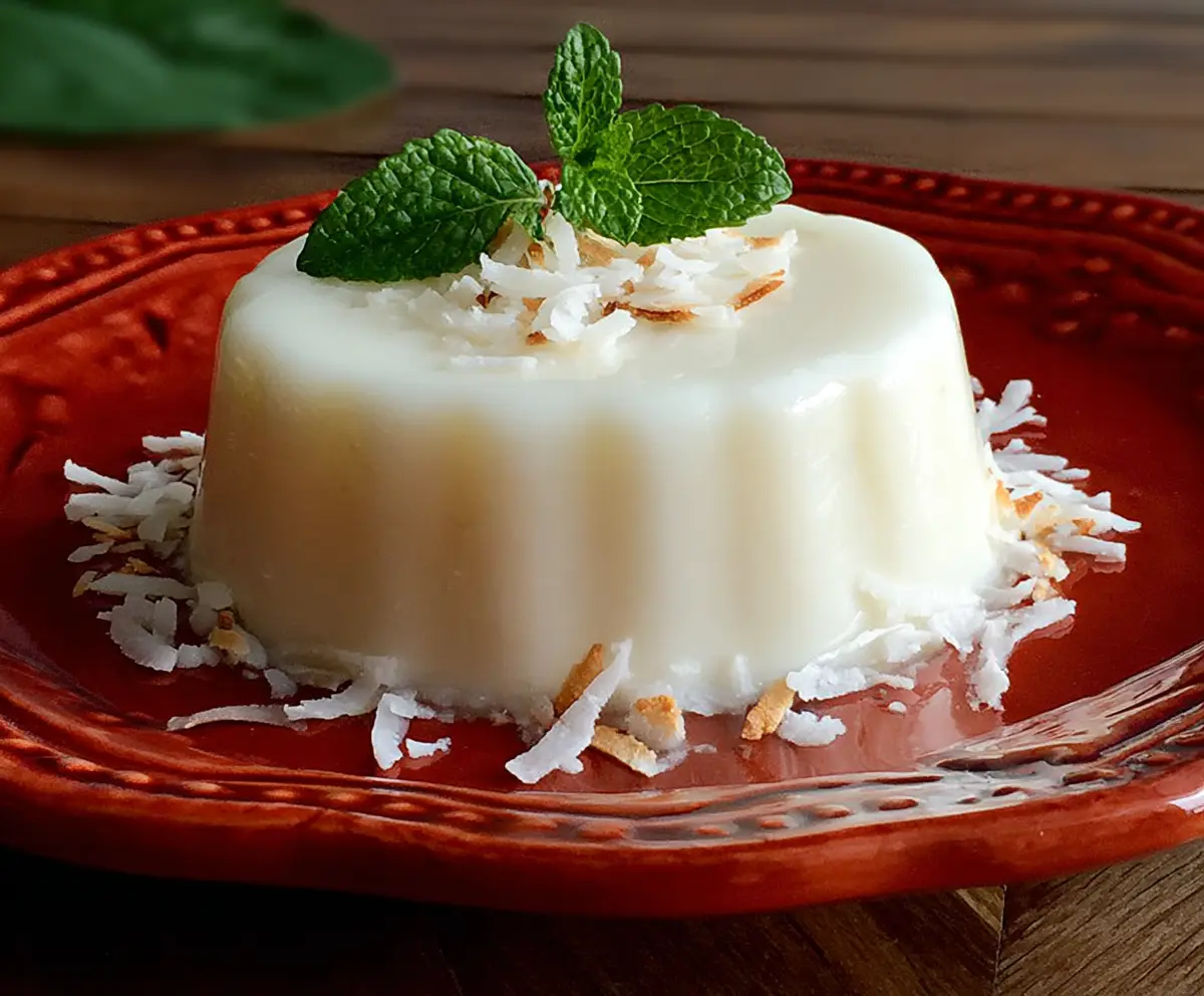 Delicious Hawaiian Coconut Pudding in a glass bowl with fresh coconut flakes on top.