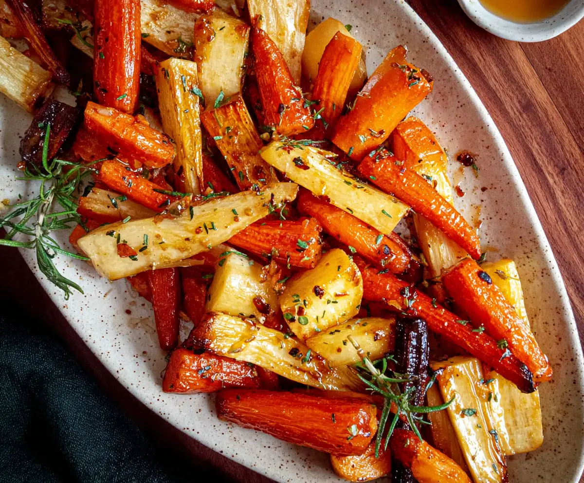 Delicious honey garlic roasted carrots and parsnips on a rustic dish, highlighting caramelized vegetables perfect for a healthy meal.