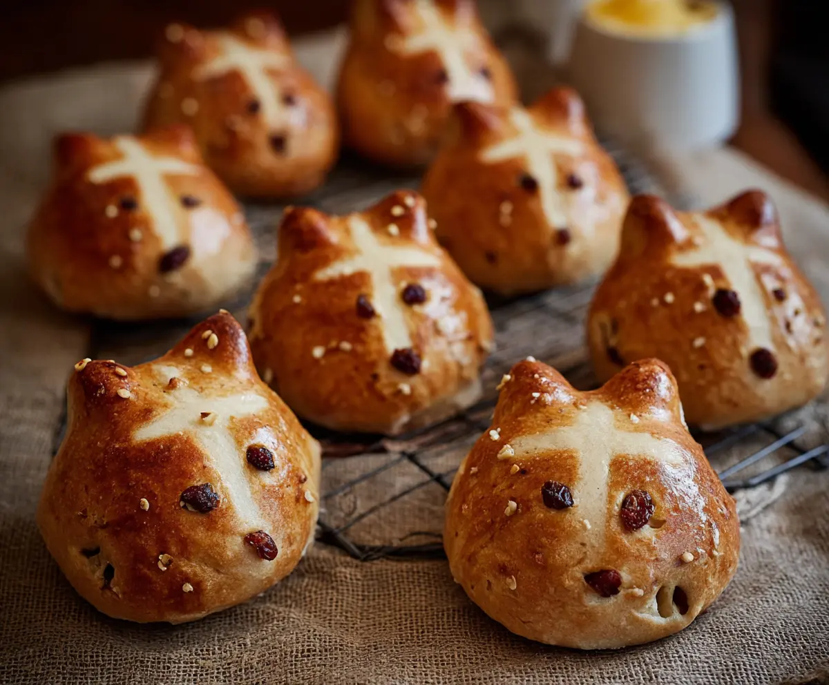 Fresh baked Hot Cross Bunny Rolls with sweet glaze and festive toppings for Easter celebrations.