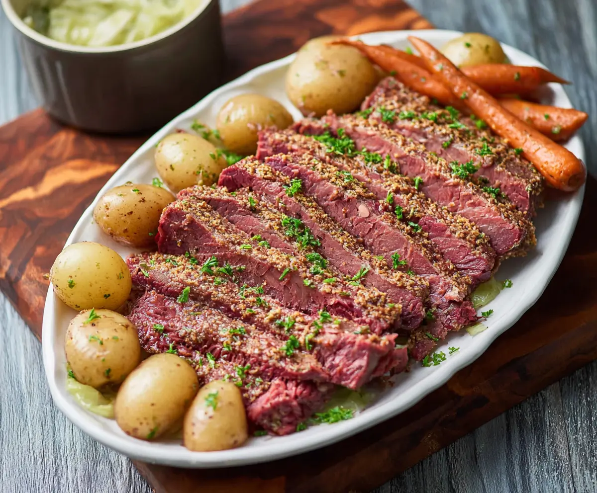 Juicy Instant Pot Corned Beef Brisket with tender potatoes and carrots on a serving platter.