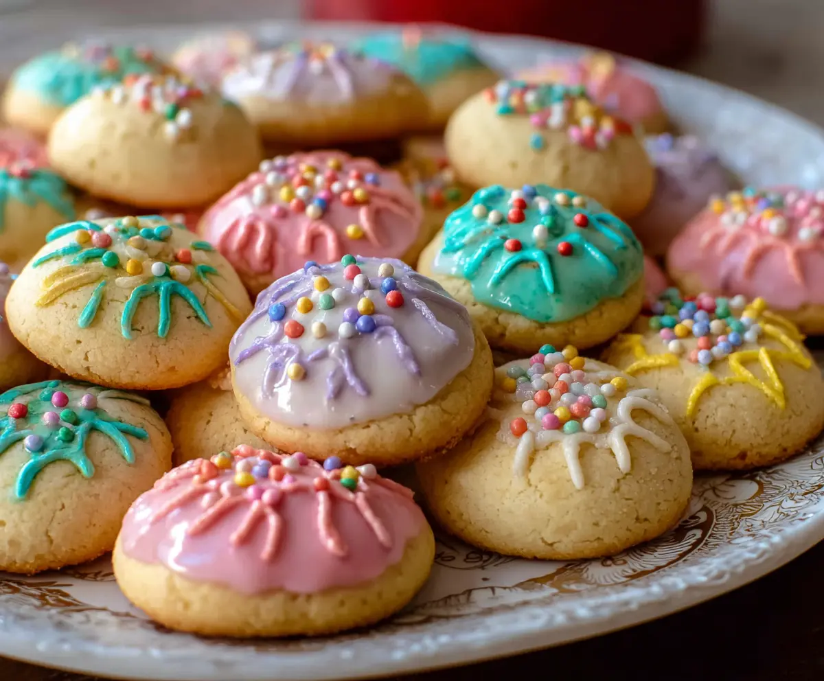 Delicious Italian Easter cookies decorated with colorful icing and sprinkles.