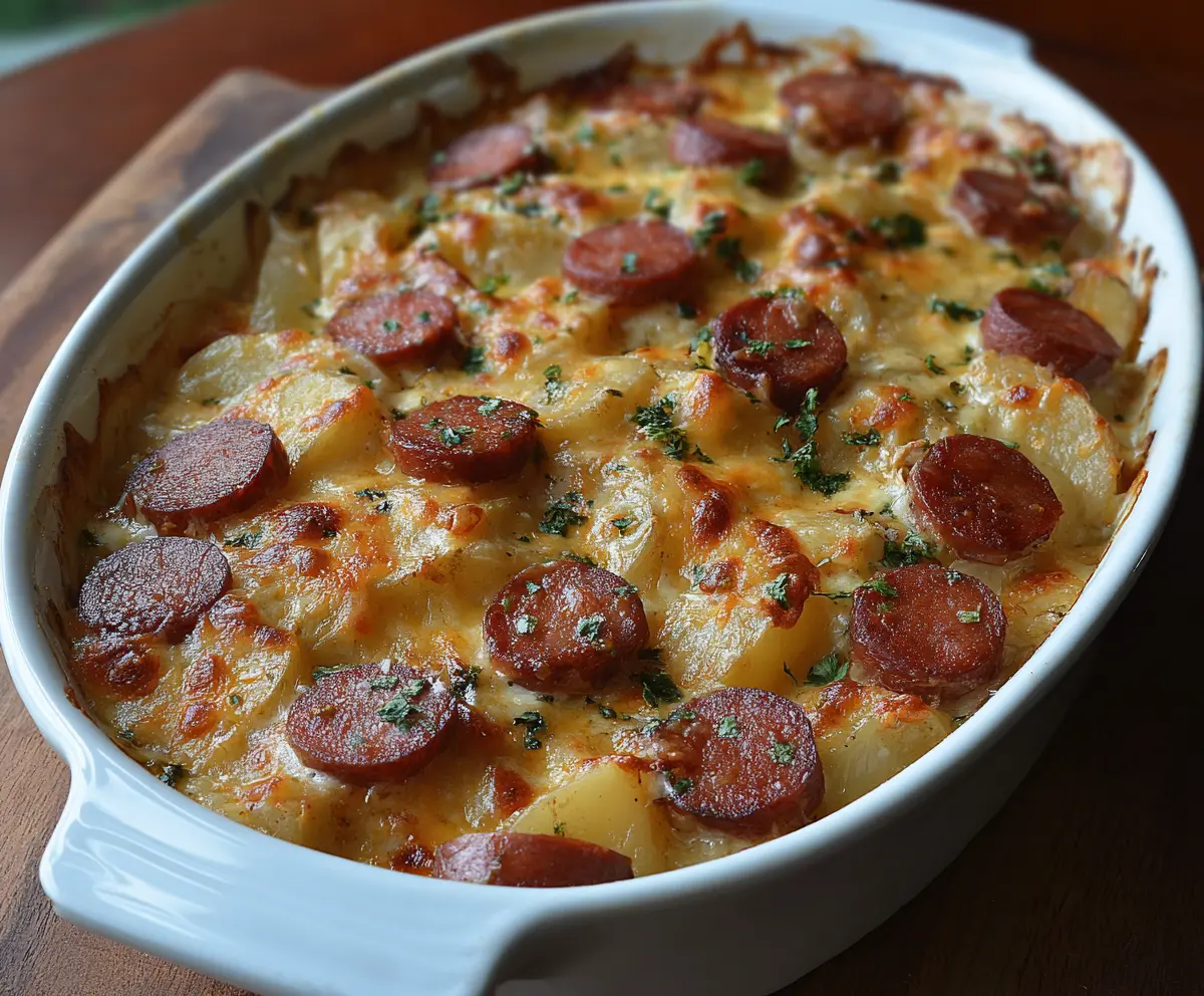 Delicious Kielbasa Sausage Cheesy Potato Casserole topped with melted cheese and fresh herbs.