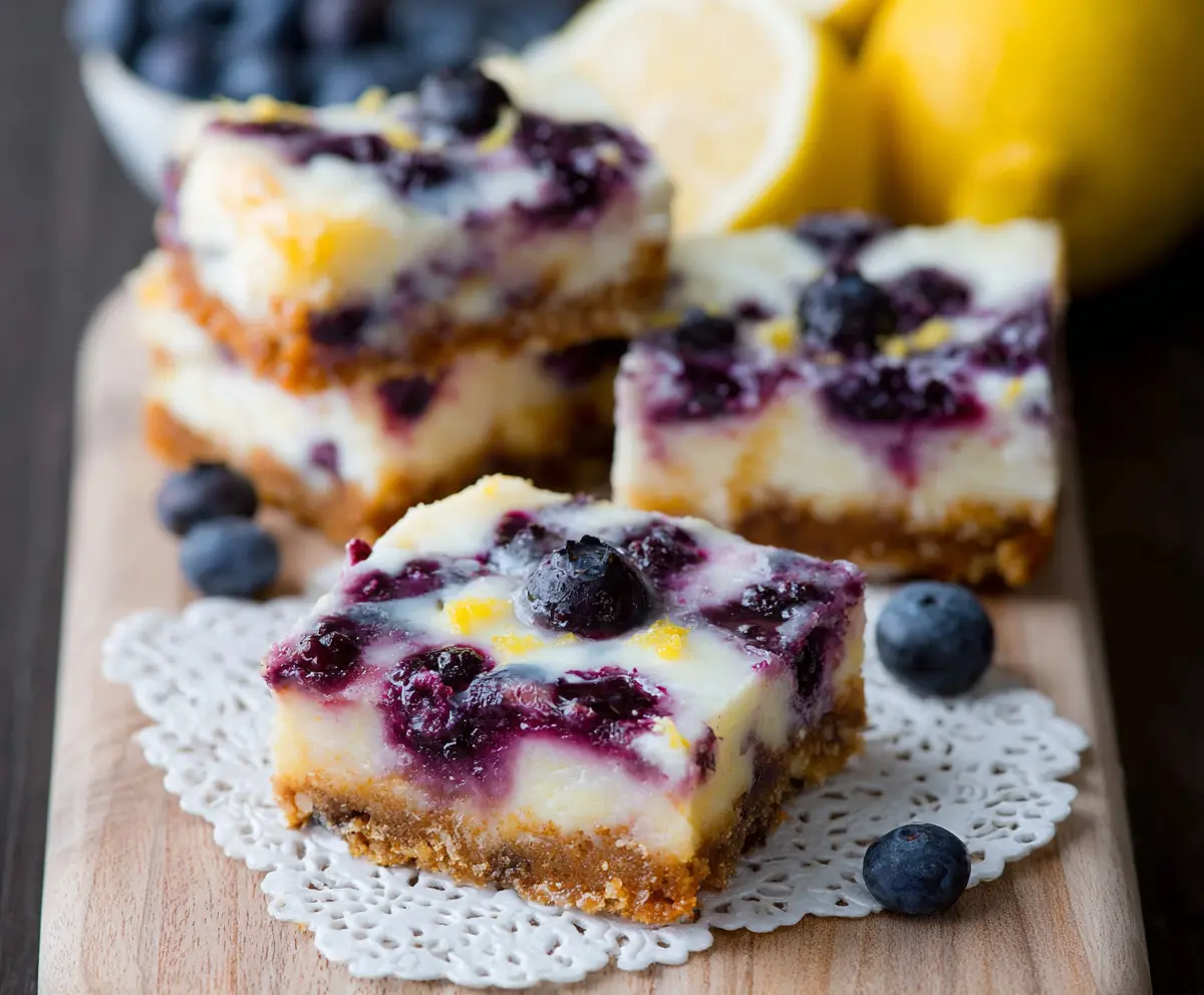 Delicious Lemon Blueberry Cheesecake Bars with fresh blueberries and a zesty lemon flavor on a decorative plate