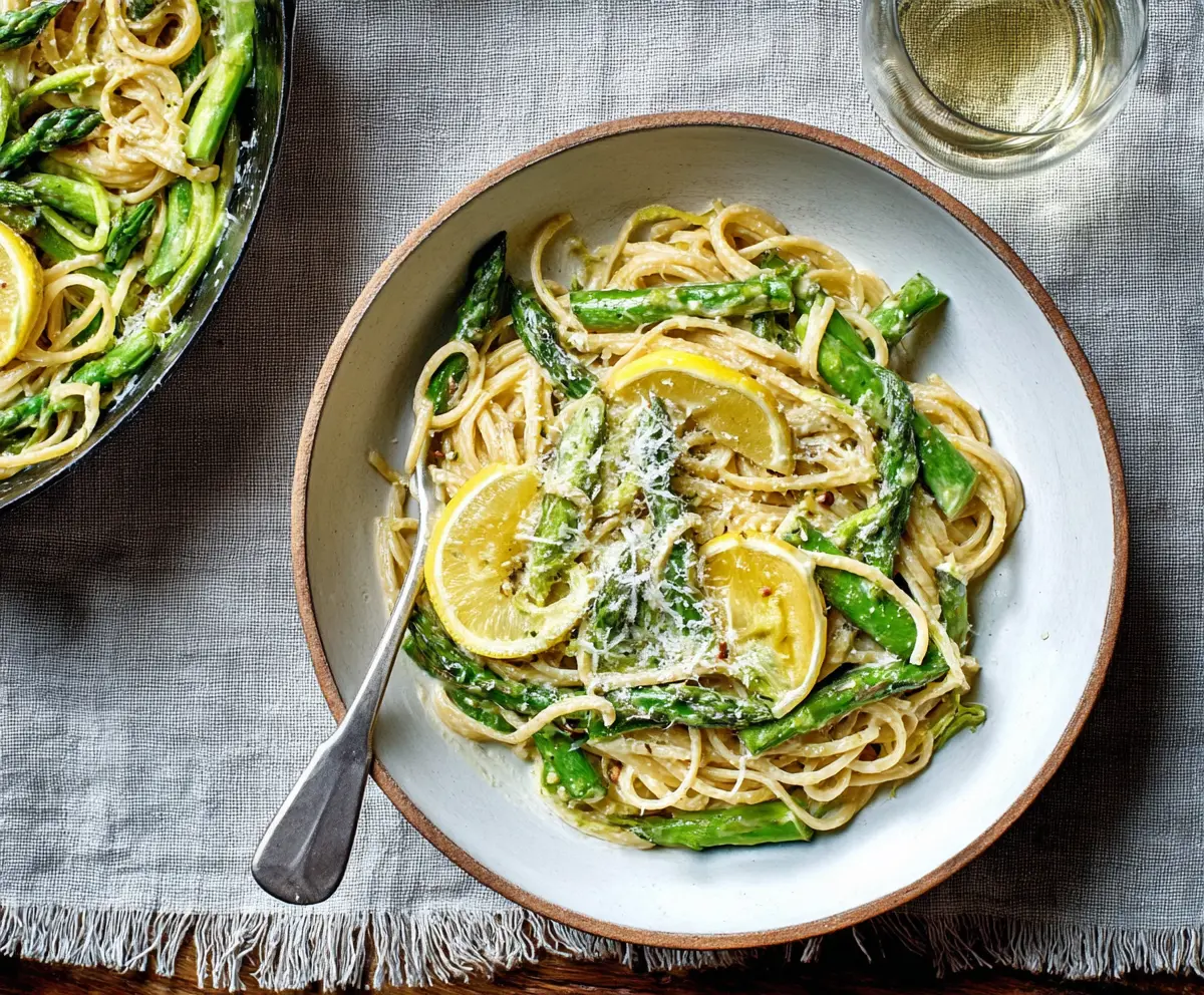 Creamy lemon asparagus pasta dish with fresh herbs and grated cheese.