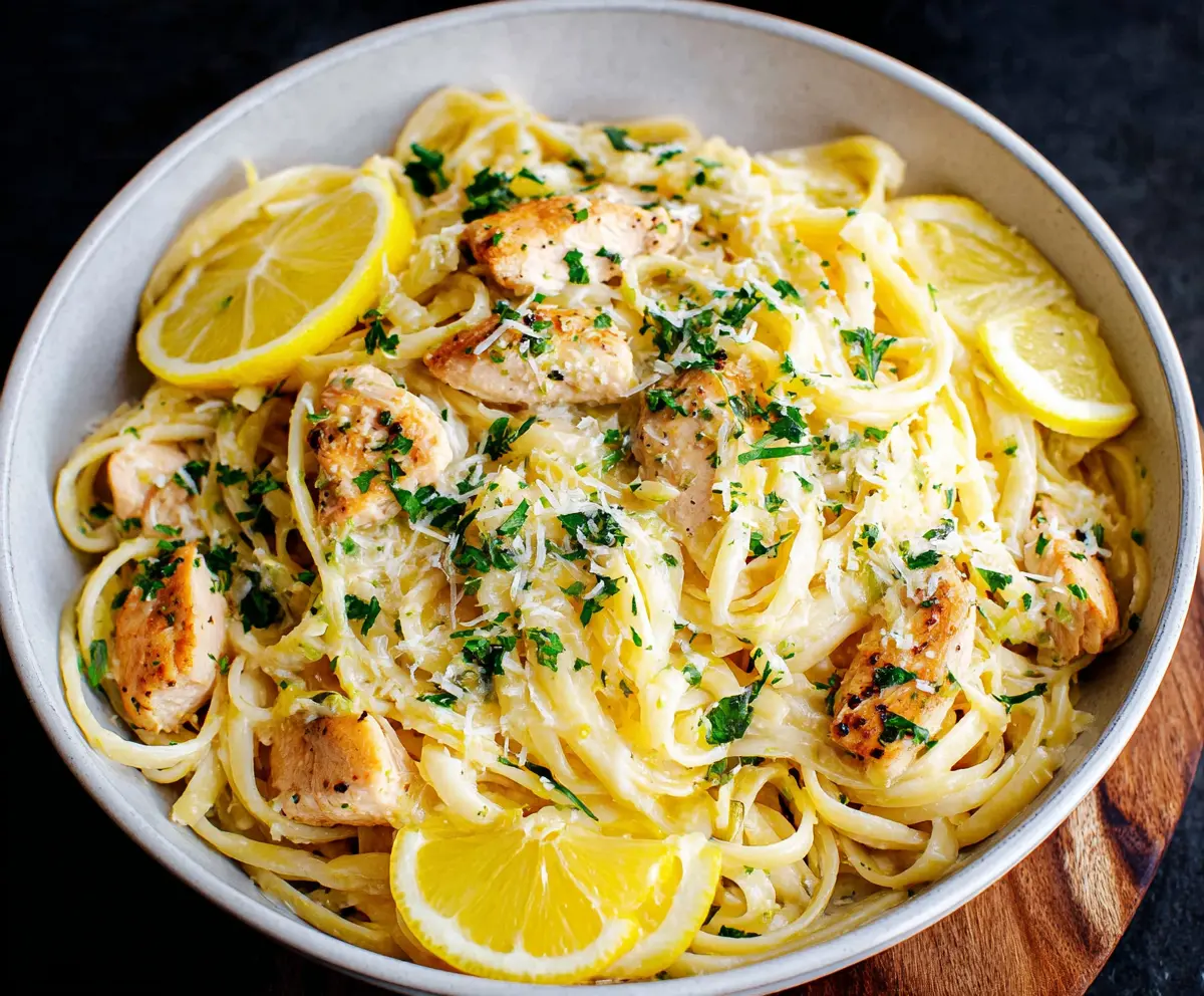 Delicious Lemon Garlic Chicken Pasta served on a plate with fresh herbs