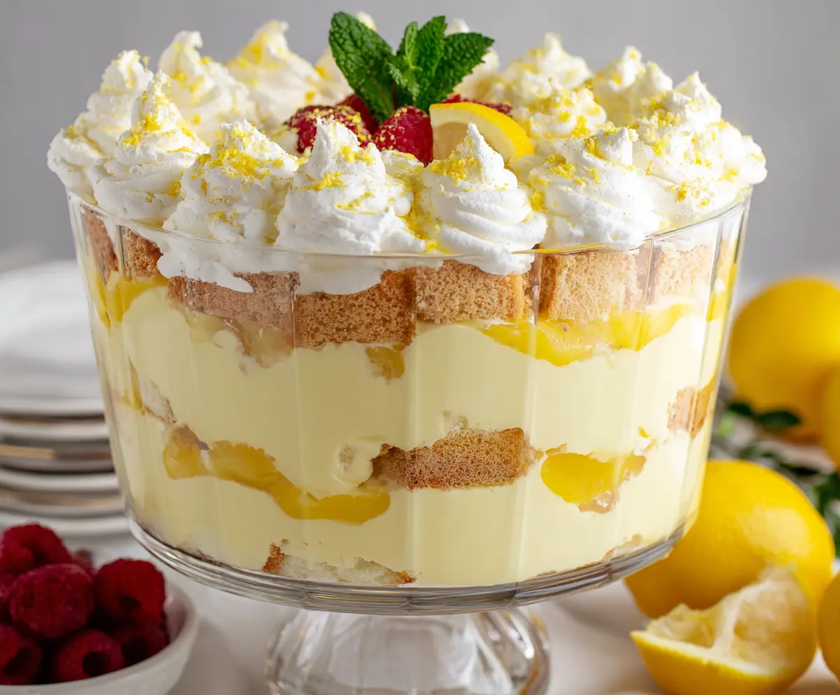 Delicious Lemon Lush Trifle layered with fresh lemons, creamy filling, and whipped topping.