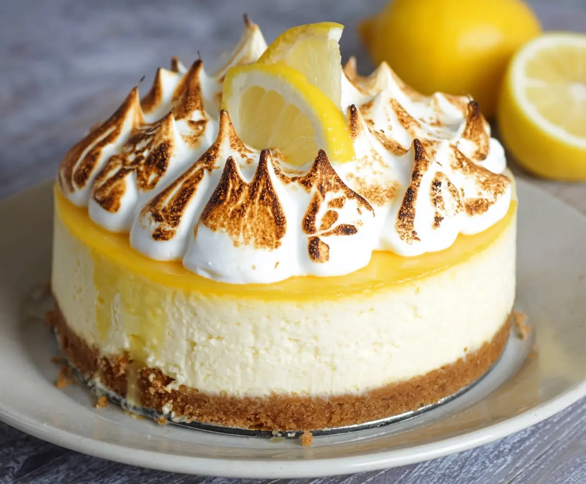Creamy lemon meringue cheesecake topped with fluffy meringue swirls and a lemon slice.