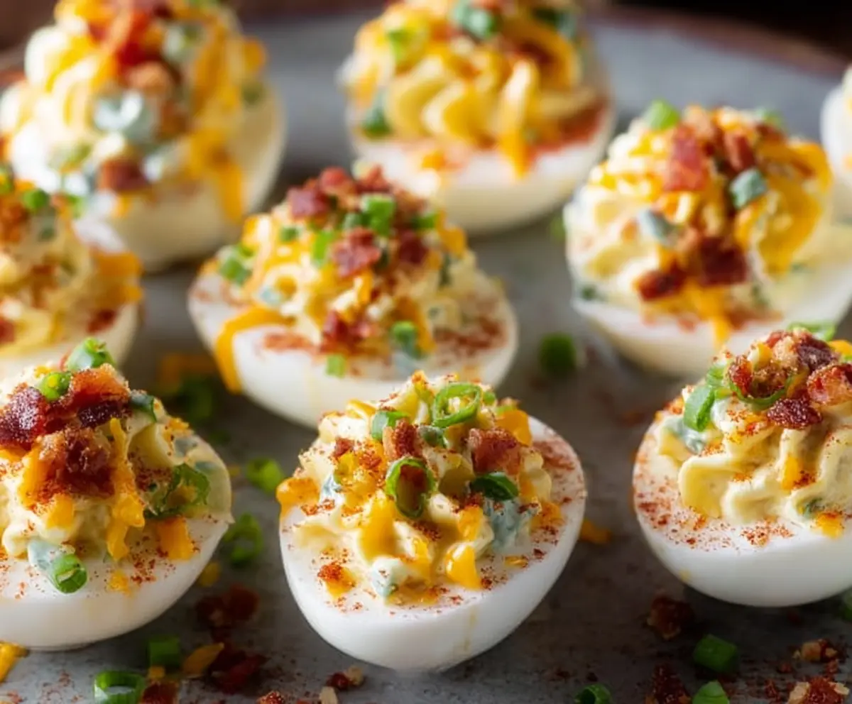 Delicious loaded deviled eggs topped with bacon and chives on a white plate.
