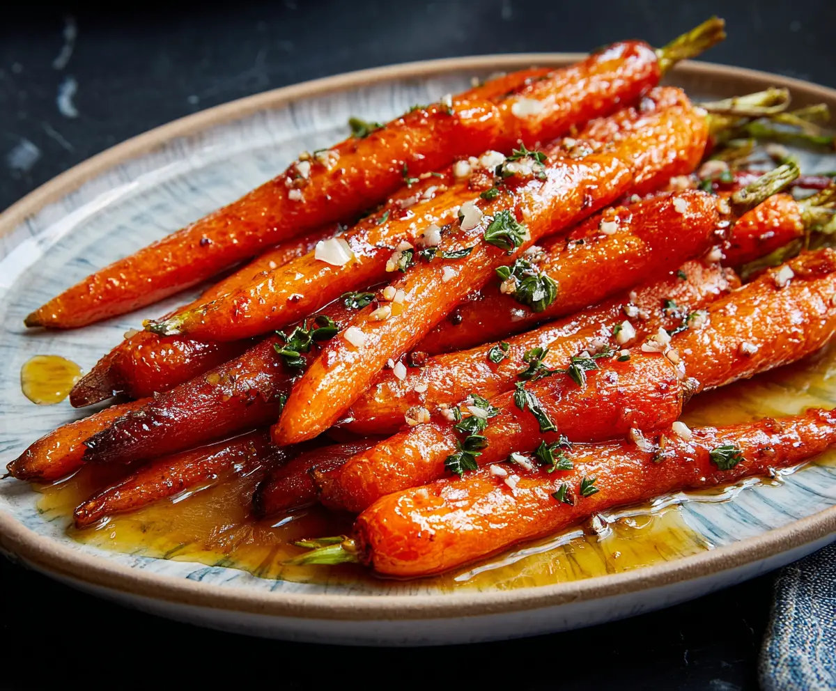 Delicious maple glazed carrots garnished with fresh herbs for a colorful side dish.