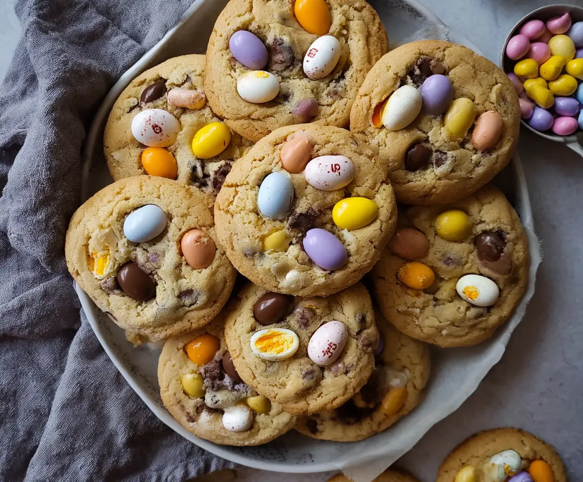 Delicious mini egg cookies with colorful chocolate eggs for Easter or celebrations.