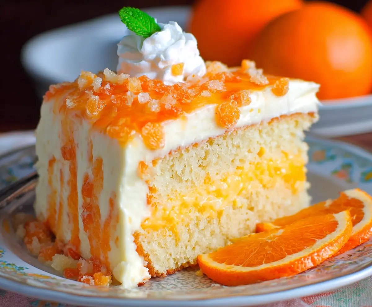Delicious Orange Creamsicle Cake with vibrant orange frosting and creamy filling, perfect for summer desserts.