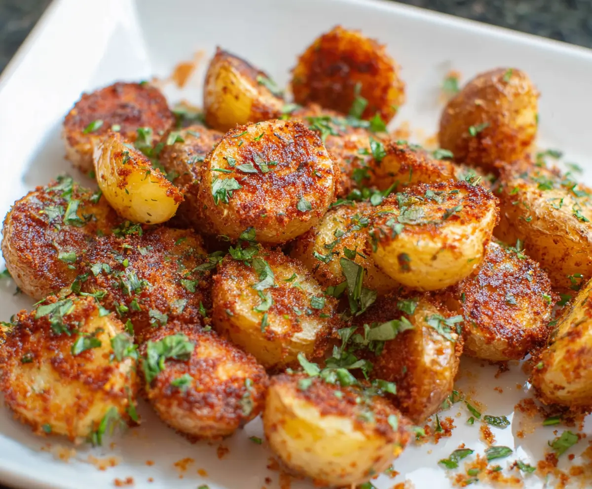 Golden Parmesan crusted baby potatoes served as a delicious side dish. Perfect for family dinners.
