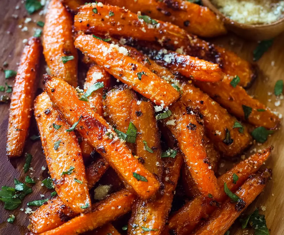 Delicious Parmesan Garlic Roasted Carrots on a plate with herbs and seasoning