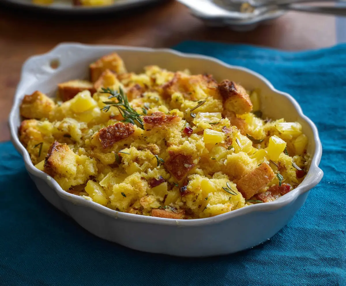 Delicious pineapple stuffing served in a bowl, perfect for holiday dinners.