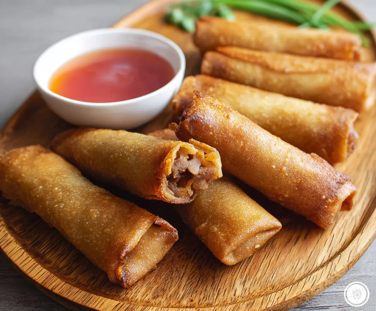 Delicious homemade pork lumpia served with dipping sauce on a plate.