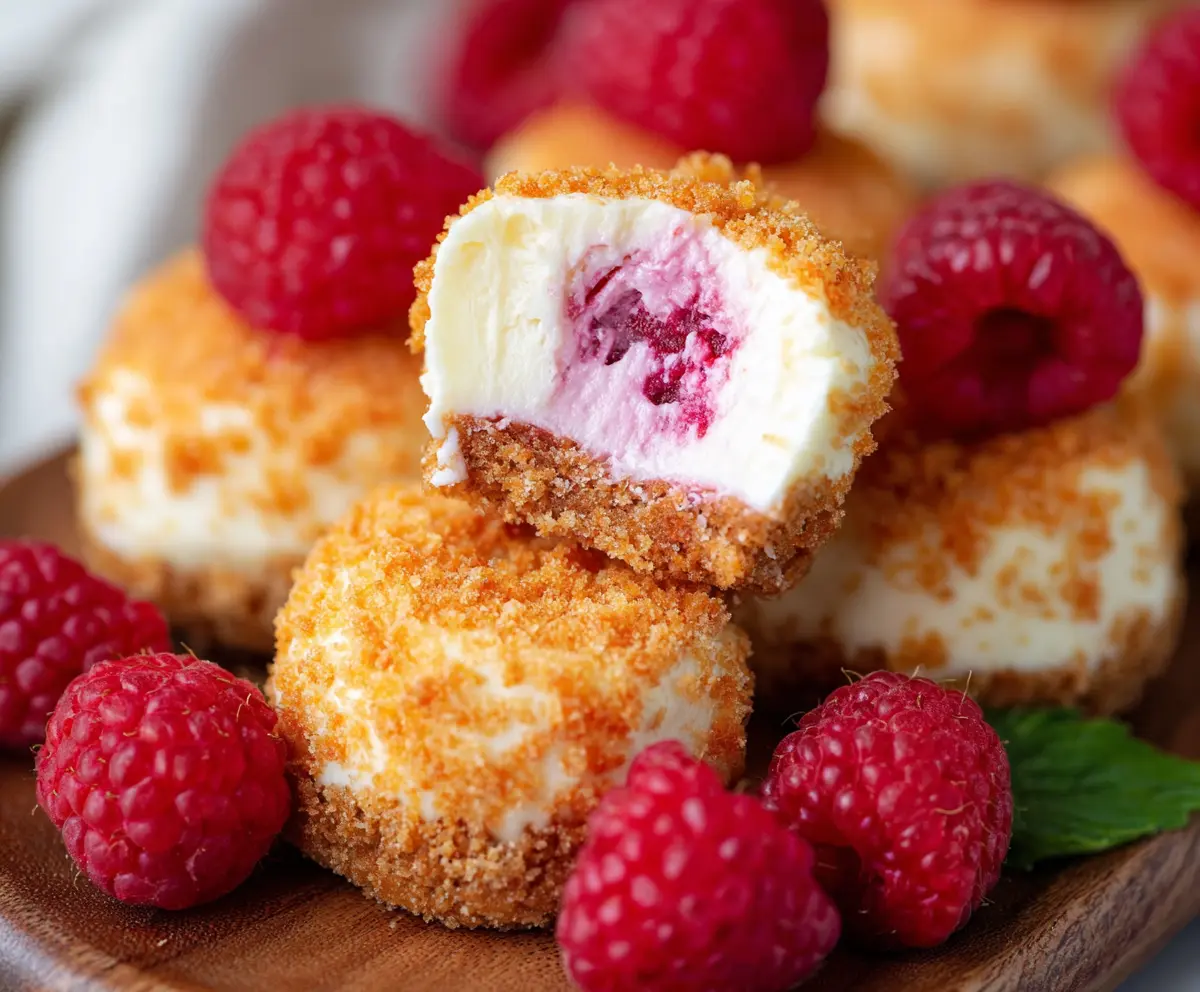 Delicious Raspberry Cheesecake Bites garnished with fresh raspberries on a white plate.