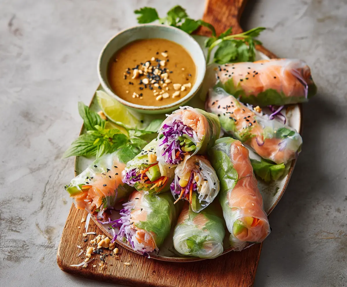 Delicious fresh salmon spring rolls with colorful vegetables and creamy peanut sauce on a white plate.
