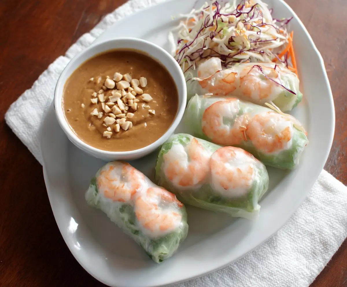 Fresh shrimp spring rolls with vibrant vegetables and peanut sauce on a white plate.