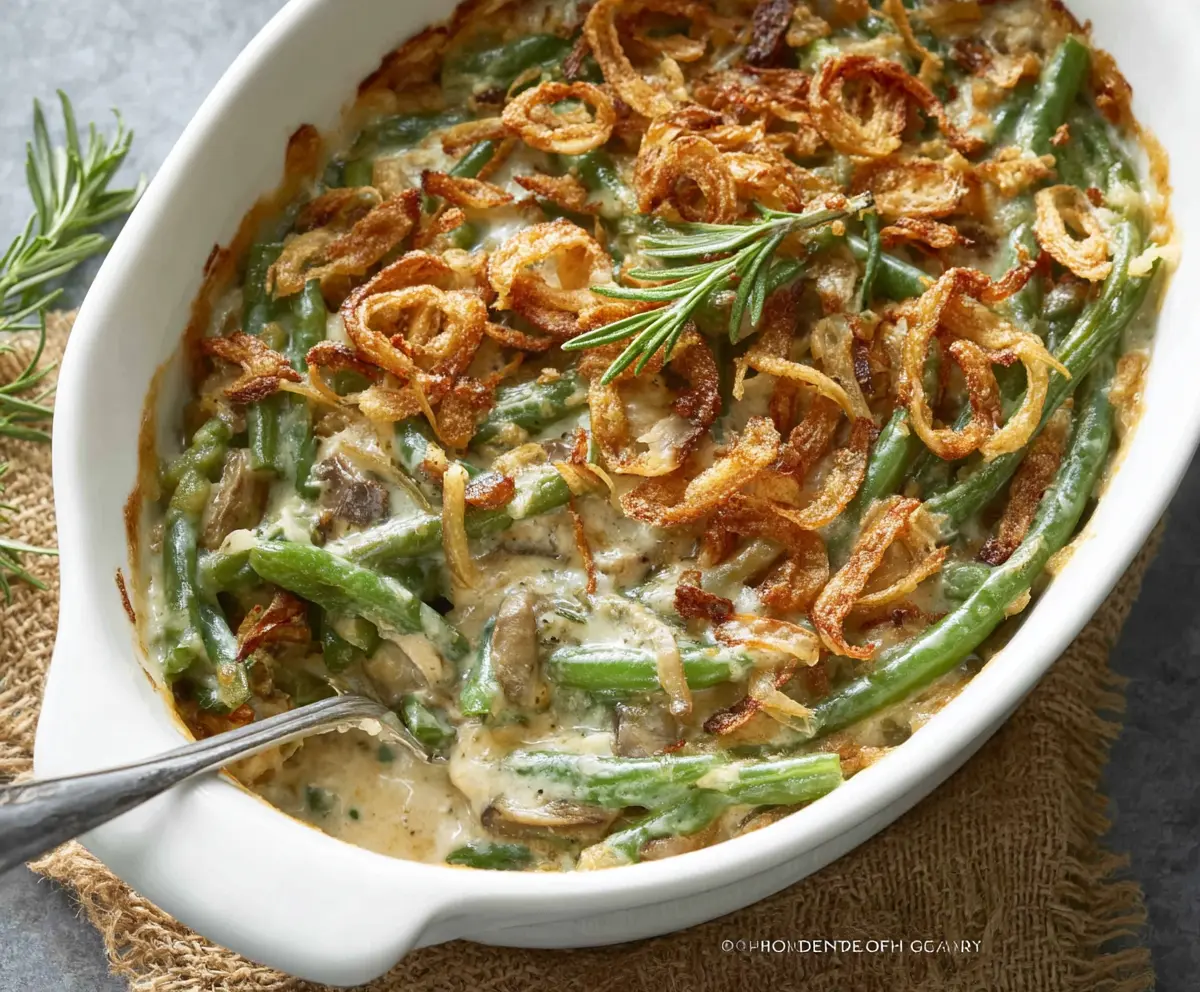 Delicious simple green bean casserole in a baking dish with crispy onion topping for holiday dinner