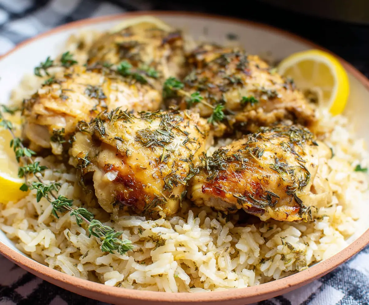 Delicious Slow Cooker Lemon Herb Chicken with Rice served on a plate, garnished with fresh herbs.