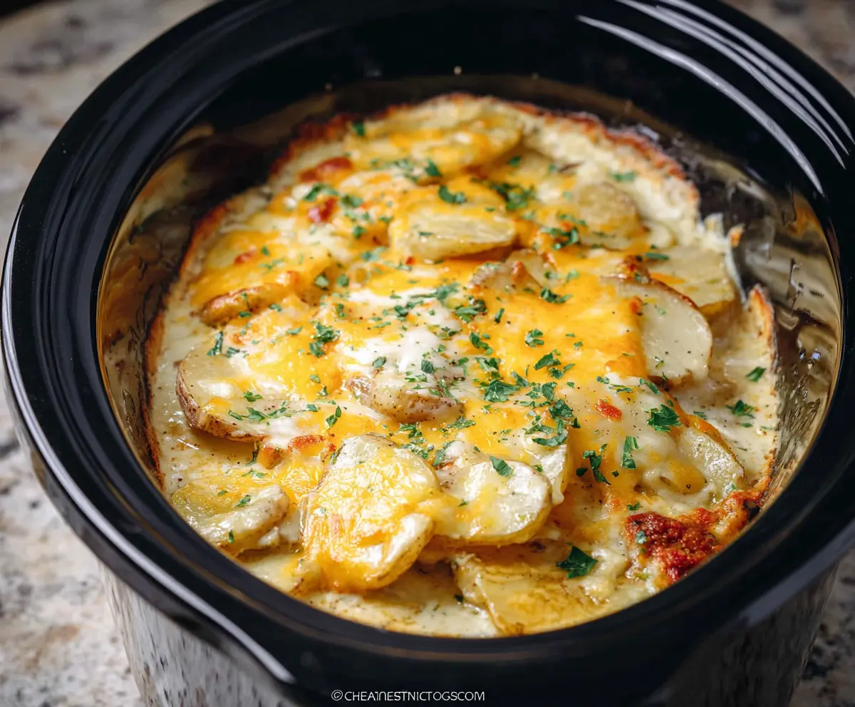 Creamy slow cooker scalloped potatoes with melted cheese and crispy top, perfect for comfort food lovers.