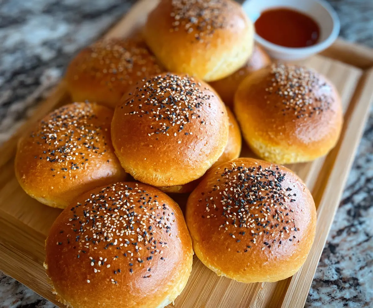 Homemade sourdough discard hamburger buns on a rustic wooden table.