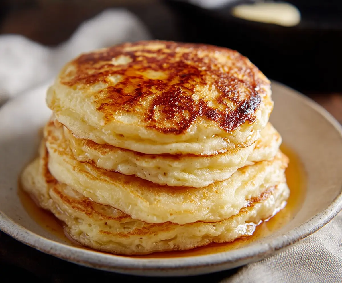 Golden brown sourdough discard pancakes served with fresh berries and maple syrup.