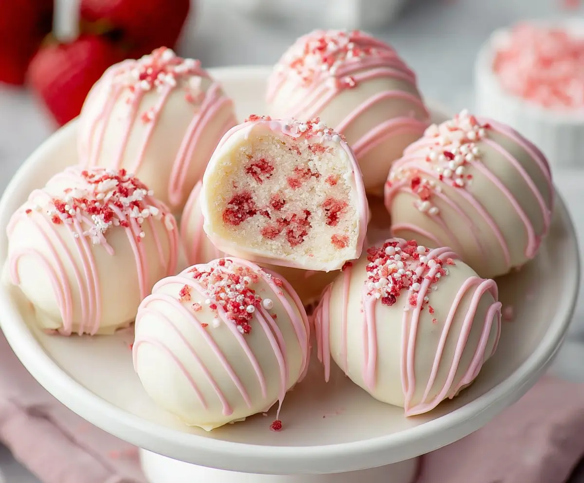 Delicious strawberry cake balls coated in white chocolate for a sweet treat